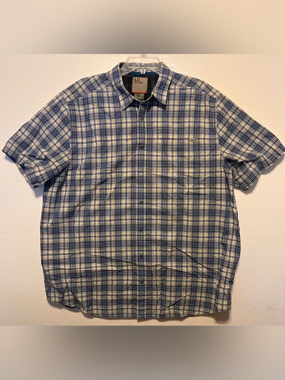 5.11 Tactical Men's XL Blue and White Plaid Short-Sleeve Button-Down Shirt